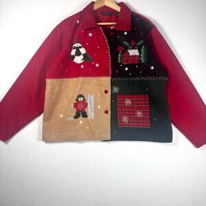 Granny Core Button Christmas Jacket XL Red&Black Wool Blend Appliqués Embroidery